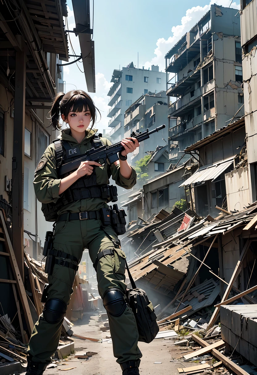 A stunning photograph of a girl in soldier outfit, ((small breast)), holding gun, standing in war zone, burnt houses, smokes everywhere, fire, captured in a naturalistic style by photographers Sam Yang and Ross Tran. The scene is highly-detailed, with intricate textures on the lady's clothing and sharp focus on the collapsed buildings, haze, apocalytic
