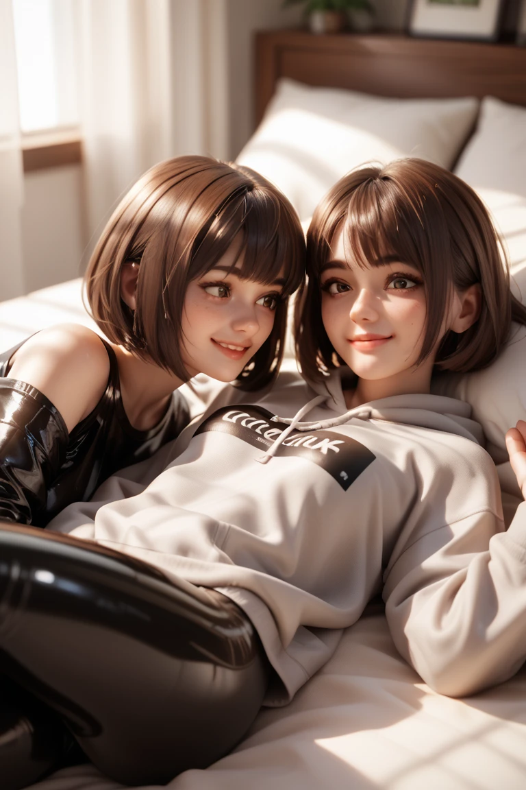 2 girls in extremely tight shiny latex sweatshirt, Lying in bed 1 girl is lying and the other girl is sitting on the girl, bob cut,  brown hair, smile, Lens reflection, Reflected light, 