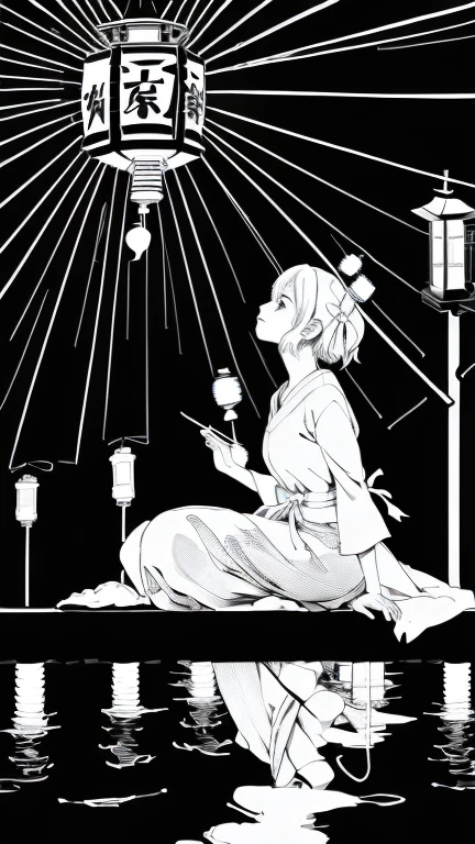 (Manga style:1.3)( monochrome illustration)、(Concentrated line:1.5)(A lantern floating in the sky:1.3)(People looking up 々)