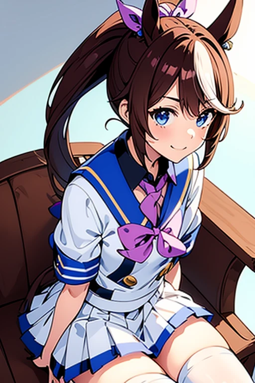 One girl, Alone, smile, Tokai Teio , High Ponytail, fake animal tails,best quality, tracen school uniform, sailor collar, bowtie, purple shirt, sailor shirt, short sleeves, white skirt, white thighhighs,white kneehighs,Narrowed sleeves, long chair,sitting,blue line on the edge of the white skirt,