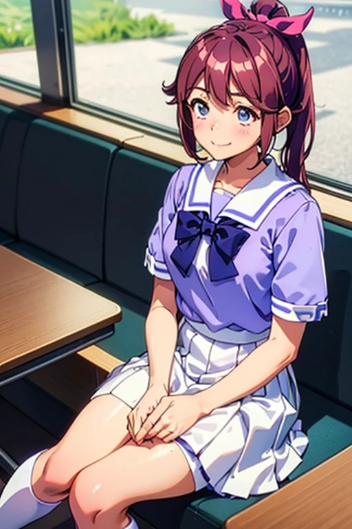 Tokai Teio,smile,high ponytail,fake animal tails,girl,best quality,tracen school uniform, sailor collar, bowtie, purple shirt, sailor shirt, short sleeves, white skirt, white thighhighs,white kneehighs,Narrowed sleeves, long chair,sitting,blue line on the edge of the white skirt,