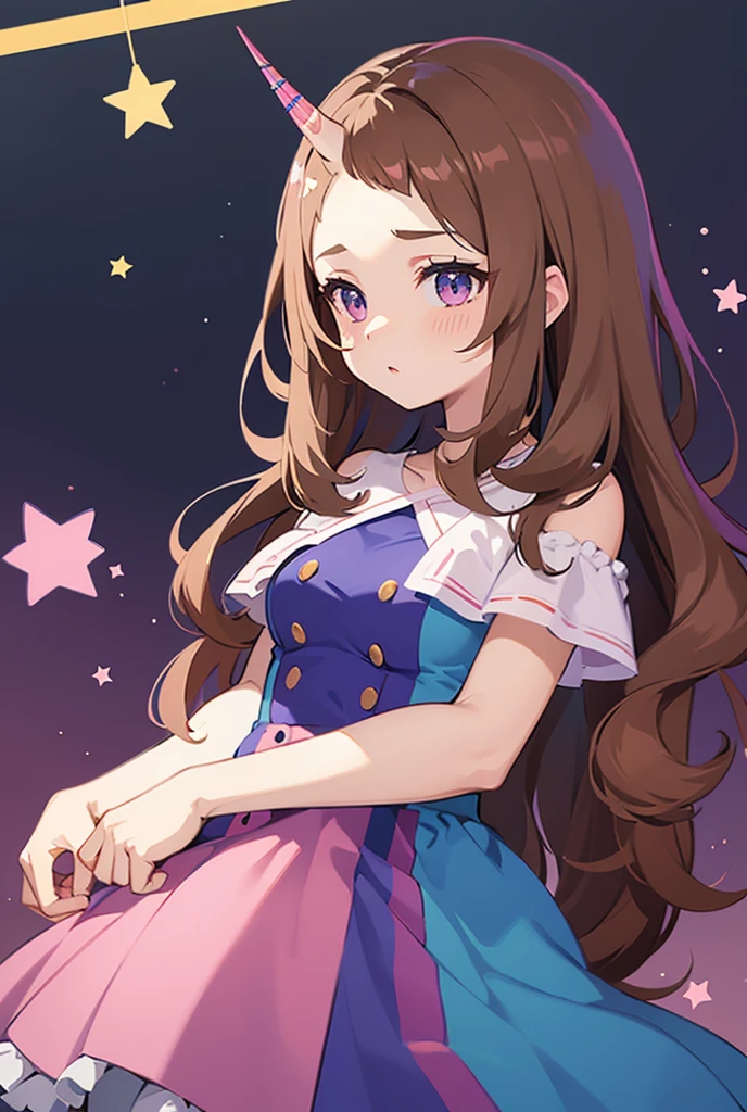 Anime girl with just one horn in her forehead like a unicorn. Brown hair with pink bangs, blue dress with a star