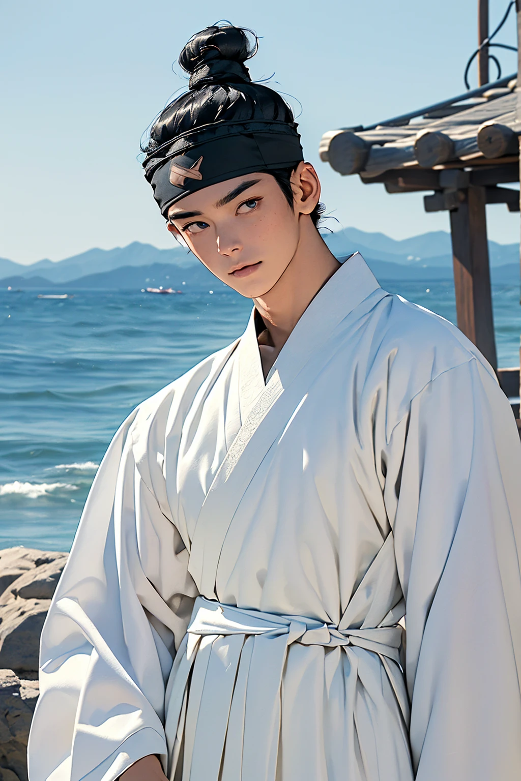 (absurdres, highres, masterpiece, best quality, ultra-realistic,ultra-detailed,(beautiful detailed face and eyes and hair:1.1),handsome,asian man,tall and muscular,broad shoulders,black hair,black eyes,datailed face,topknot,see-through headband,white hanbok,faint smile,upper body, sea background