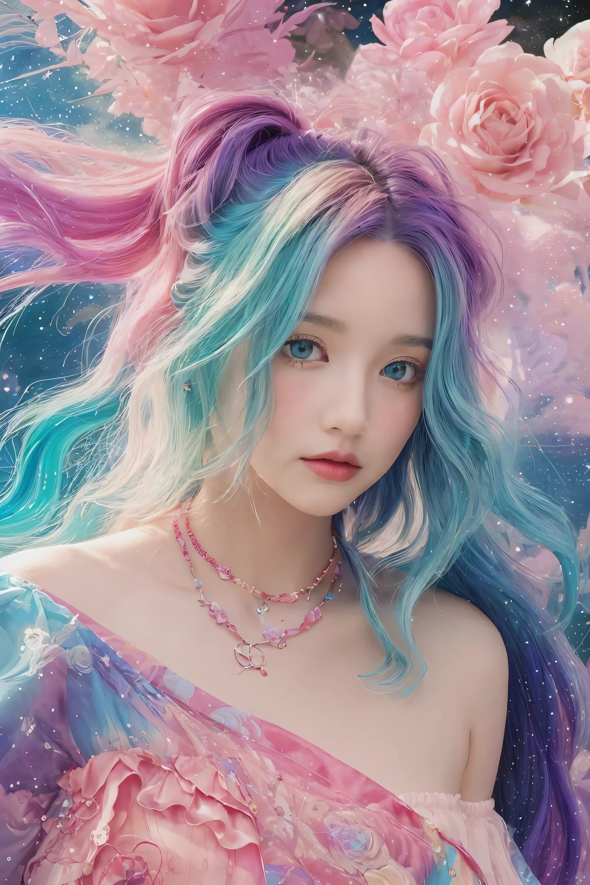 Close-up of a woman with  colorful  hair and necklace,  anime girl with space hair , The soft vitality of rose rose, Gubes-inspired artwork,  Fantasy Art Style ,  colorful ],  Brilliant Fantasy Style , Ross draws vibrant cartoons, universe and  colorful , Gwaiz,  colorful  digital fantasy art,  Amazing Art Style ,  extra ,  white skin, Hulk&#39;s Outfit