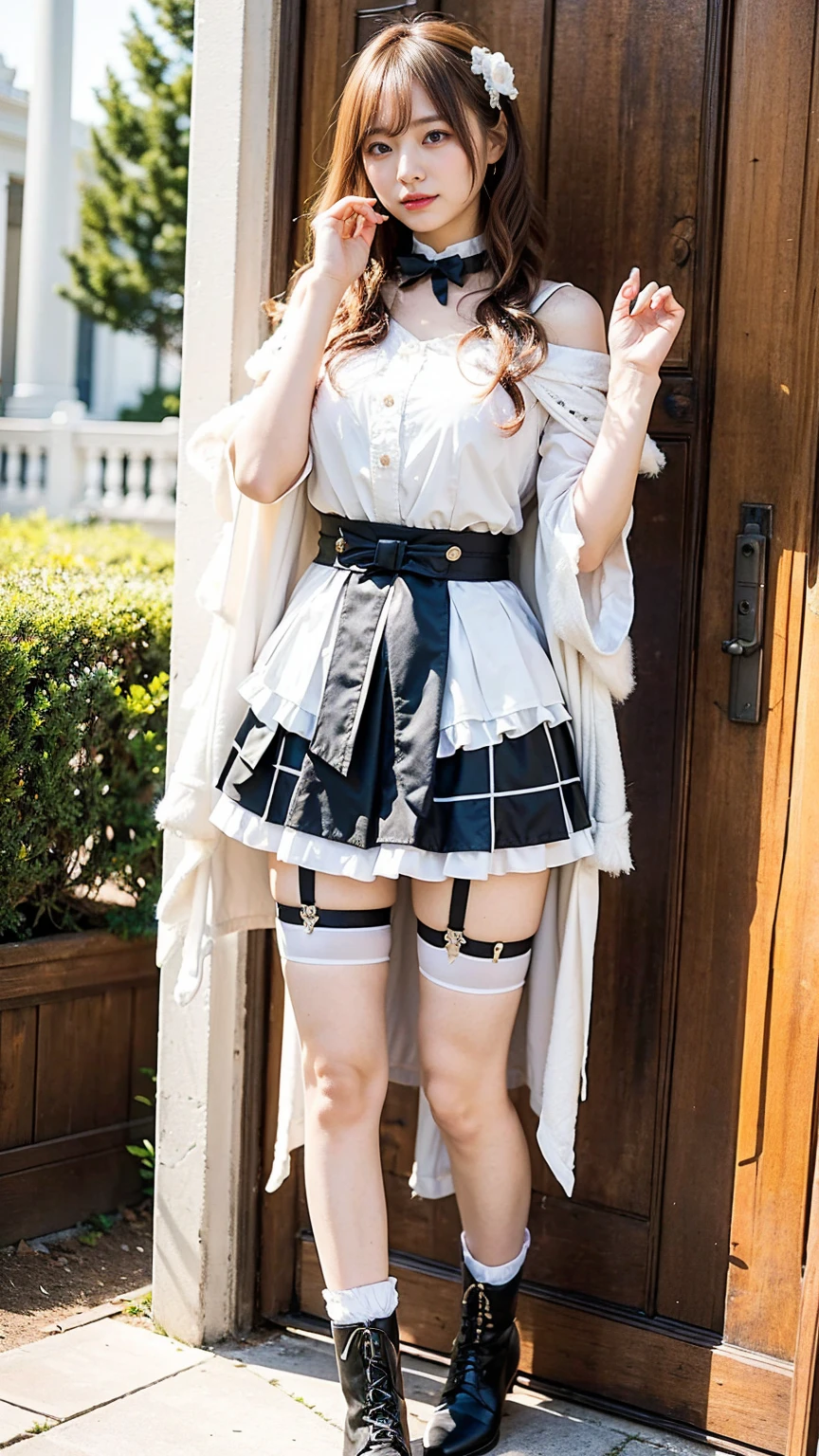 (RAWphotograph, Highest quality, Tabletop: 1.2), (photograph: 1.4), whole body, shoes, Cute Japanese Face, ((18-year-old)), (((small: 1.6)) chest,), (Naked Apron, Open Side, Short skirt, mini skirt, Thin legs, 白いshoes下, School Loafers), Standing pose, whole bodyショット, sight (smile),Skirt rip,Interstrand,Shaven