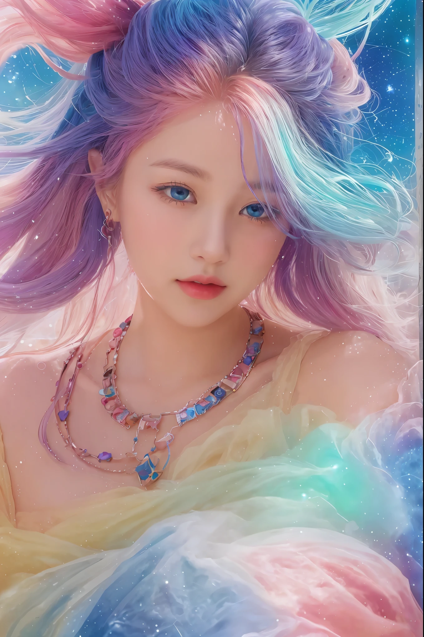 Close-up of a woman with  colorful  hair and necklace,  anime girl with space hair , The soft vitality of rose rose, Gubes-inspired artwork,  Fantasy Art Style ,  colorful ],  Brilliant Fantasy Style , Ross draws vibrant cartoons, universe and  colorful , Gwaiz,  colorful  digital fantasy art,  Amazing Art Style ,  extra ,  white skin, Hulk&#39;s Outfit