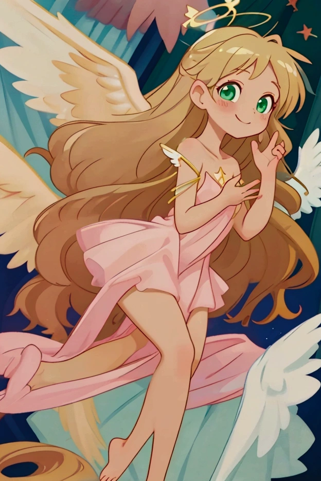 (masterpiece, best quality) cute anime angel girl, blonde long hair, delicate angel wings, barefoot, sexy smiling, sexy pose, coquette, beautiful long legs, mature girl, gorgeous body, pronounced breasts, standing, intricate details and sunlight ethereal indoor scene, gentle green-eyed smile, pastel flowing pink dress, halo with glowing stars, holding a small magical staff, graceful and playful pose, celestial soft lighting.