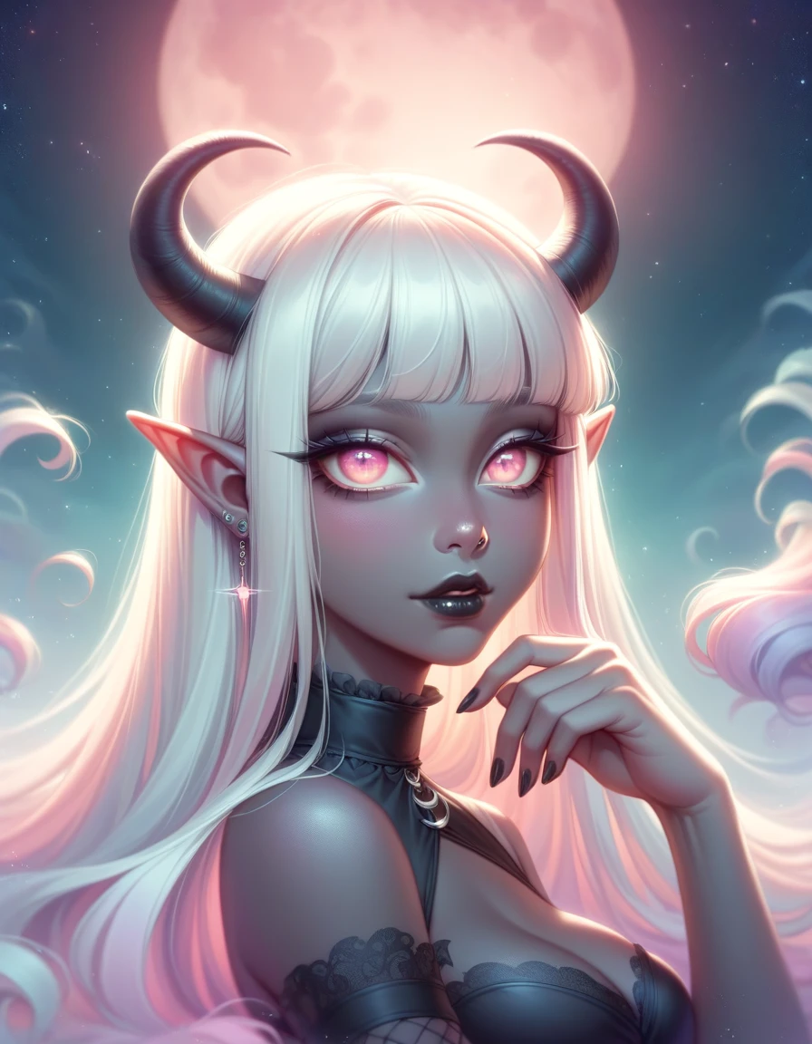 ((Masterpiece)), ((highres)), ((1person)), Random poses, beautifully detailed succubus girl, ((pastel moon background)), long white hair, defined elf ears with ear guages, defined eyes, pastel iris, long eye lashes, defined nose, black lipstick, (((Black skin))), black demon horns, breasts, night sky, (((pastel gothic style))), gothic style art, gothic asthetic
