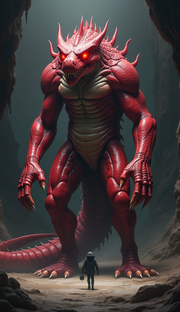 Adult anthro morph dragon with red skin eyes, standing with his toned body,  exciting his penis with pointy head 