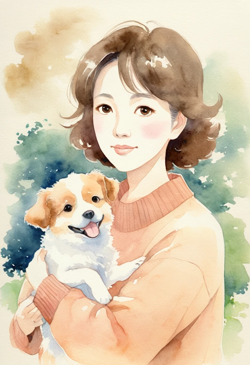 Drawing of a girl holding a toy poodle and looking upwards, by Rei Kamoi, by Kamisaka Sekka, By Yasutomo Oka, by Naka Bokunen, by Yuki Ogura, by Oka Yasutomo, by Ayami Kojima, by Kose Kanaoka, soft anime illustration, by Yanagawa Nobusada, by Maeda Masao