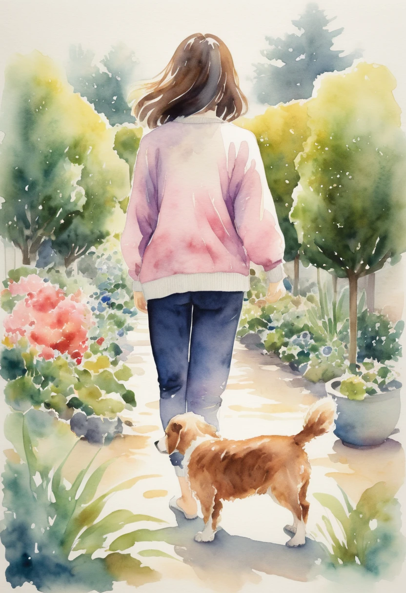 A watercolor illustration of Ayano Fujisaki, a 48-year-old Japanese woman seen from behind, as she bends slightly to play with a dog in a wide, lush garden. Her wavy hair cascades down her back, and she wears a pastel-colored sweater. The vintage watercolor style on worn paper captures the scene with muted, soft colors, faded edges, and blurred lines, giving a sense of warmth and nostalgia