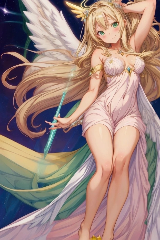 (masterpiece, best quality) cute anime angel girl, blonde long hair, delicate angel wings, barefoot, sexy smiling, sexy pose, coquette, beautiful long legs, mature girl, gorgeous body, pronounced breasts, standing, intricate details and sunlight ethereal indoor scene, gentle green-eyed smile, pastel flowing pink dress, halo with glowing stars, holding a small magical staff, graceful and playful pose, celestial soft lighting.