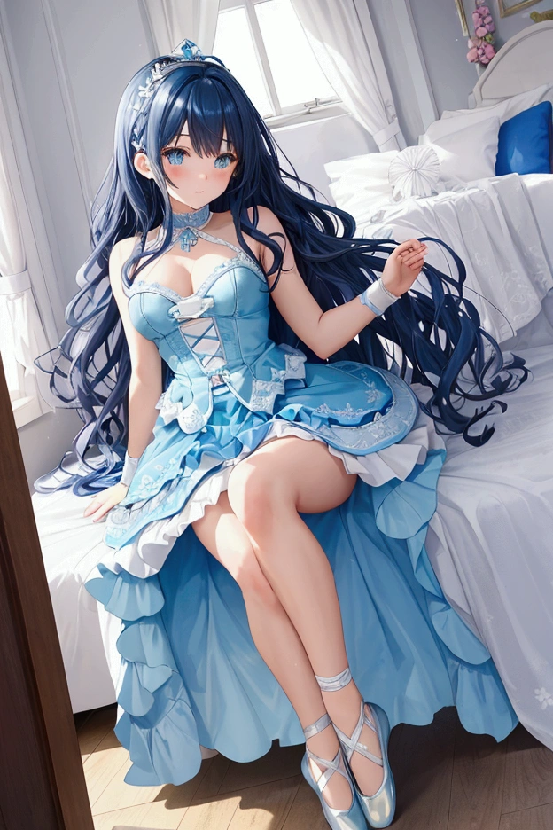 HDR , masterpiece , high quality , ultra details , best quality , bedroom , ((attractive)) , ((beautiful girl)) , designed dress with skirt (cyan colour), from_below ,cute face , long curly hair , flower on hair , detailed person quality , seducing mood , light smile , medium breast , sitting on bed , crossed_legs , blushing , soft light
