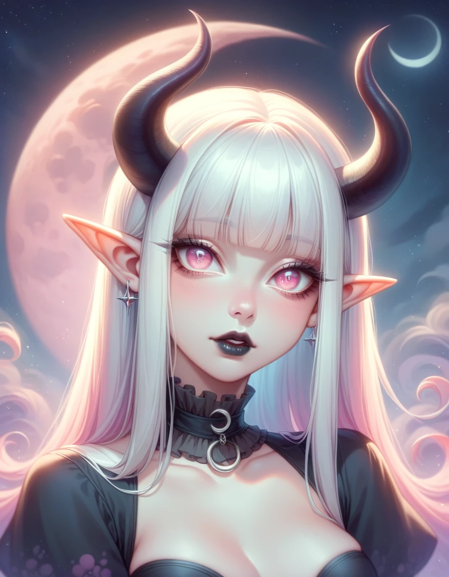 ((Masterpiece)), ((highres)), ((1person)), Random poses, beautifully detailed succubus girl, ((pastel moon background)), long white hair, defined elf ears with ear guages, defined eyes, pastel iris, long eye lashes, defined nose, black lipstick, (((Black skin))), black demon horns, breasts, night sky, (((pastel gothic style))), gothic style art, gothic asthetic
