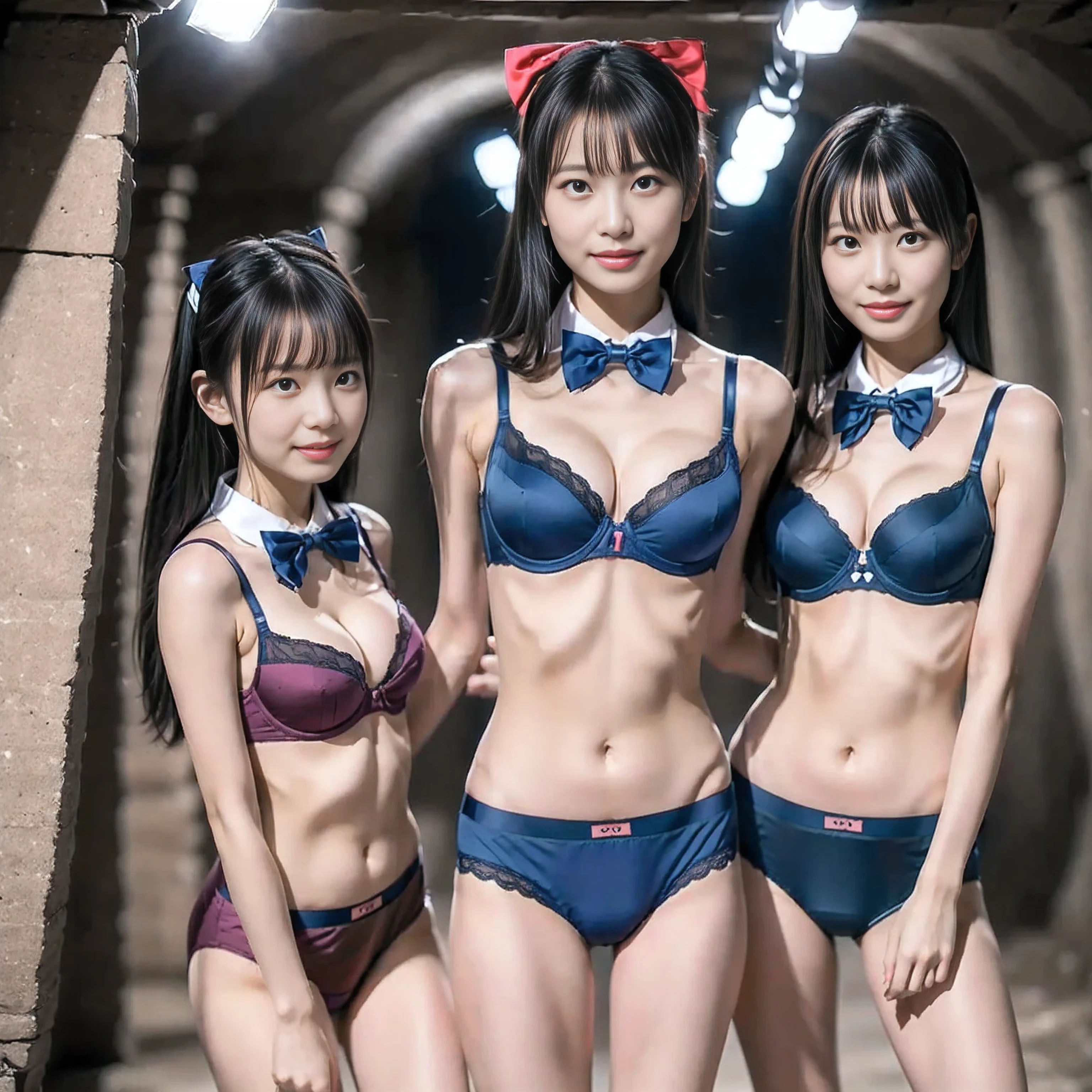 (4k, high quality, high quality, masterpiece), (brightness adjustment), (realistic), ((standing in an underground fortress)),
Beautiful girls captured by me, brainwashed to obey me, to follow me as my pawns,
((standing in front of me, looking at me)),
Three beautiful girls, Asian beautiful girls, Japanese women,
(black hair, slender figure, petite),
((bow tie, free color bra, panties)),
They are controlled by me by the bow tie attached to their necks.