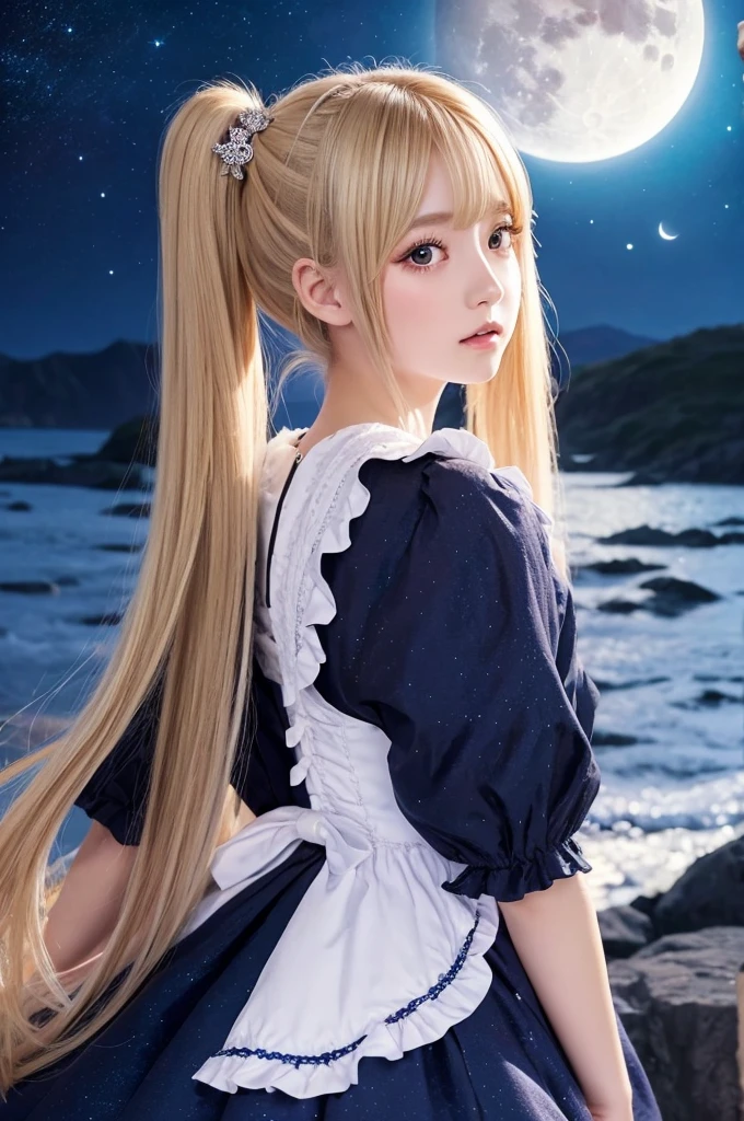 High resolution, realistic. Sailor Moon, Masterpiece, slightly side view. beautiful young girl, 1girl, pretty big blue eyes, 15 years old, asian, beautiful face, detailed face, delicate nose, (beautiful nose), small nose, delicate lips, delicate lips, long blond hair, straight hair, bands. (Perfect hands). Hair blowing in the air. Wearing a delicate sailor dress. Perfect dress. Shadows. raining landscape