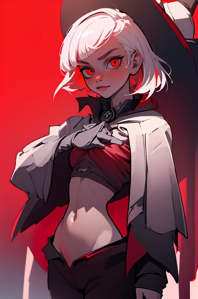 ((highest quality)), ((masterpiece)), (be familiar with), CANAAN, 1 Girl, alone, Silver Hair,Brown skin,Red eyes,long pants,red sleeveless,Clothes with a visible back, Slender,slender,short hair,Small breasts, Erect nipples, No bra, gloves, Hands on hips