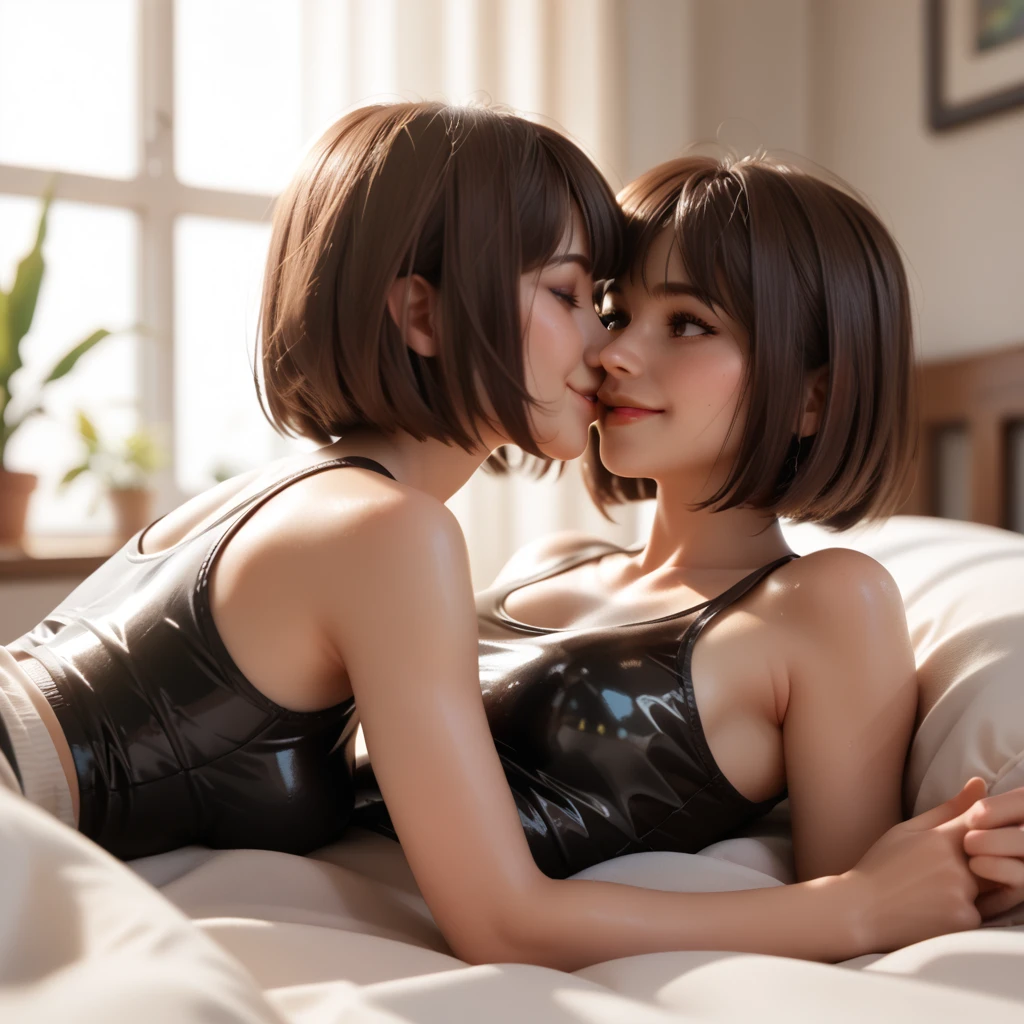 2 girls in extremely tight shiny latex tank top, Lying in bed 1 girl is lying and the other girl is sitting on the girl, bob cut,  brown hair, smile, Lens reflection, Reflected light, Breasts, kiss 