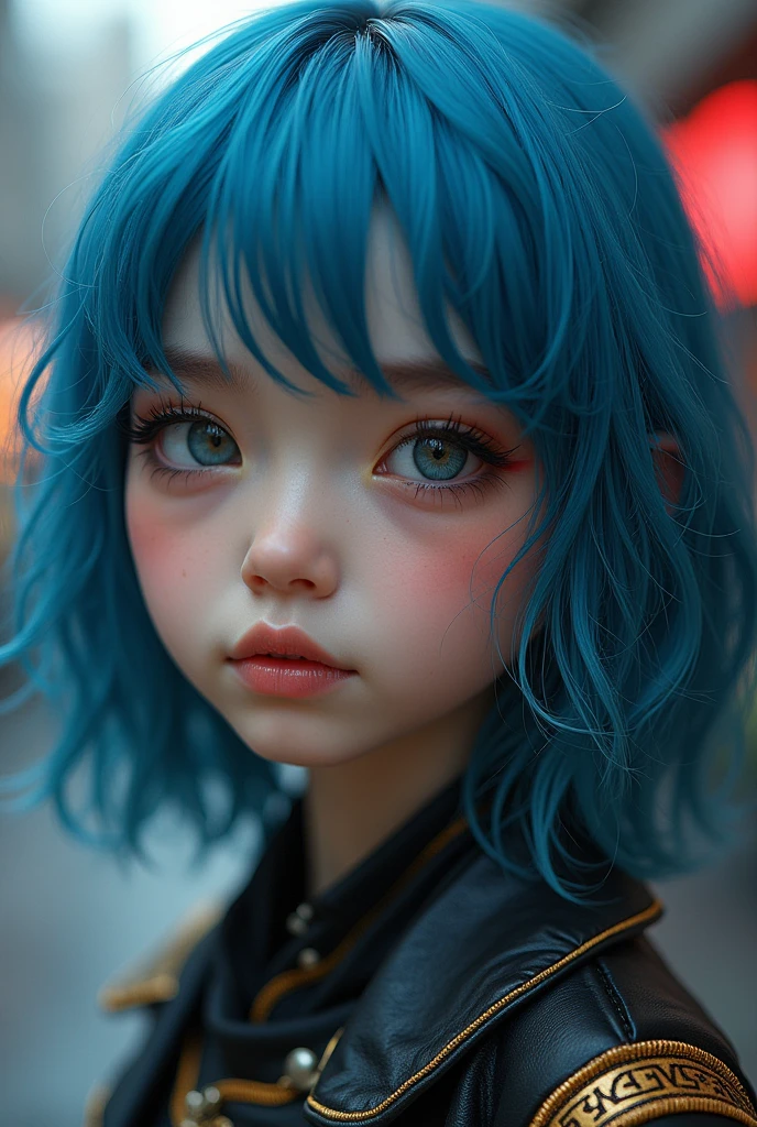 (masterpiece, detailed, High Res:1.4) , Model photos, close up,  detailed face, fine  detailed eyes,, (Kirishima Tokyo),Blue medium hair,Ghoul Eyes,Vintage Jackets,Tokyo Ghoul, Retro futuristic background,  bright colors, HDR,, ,