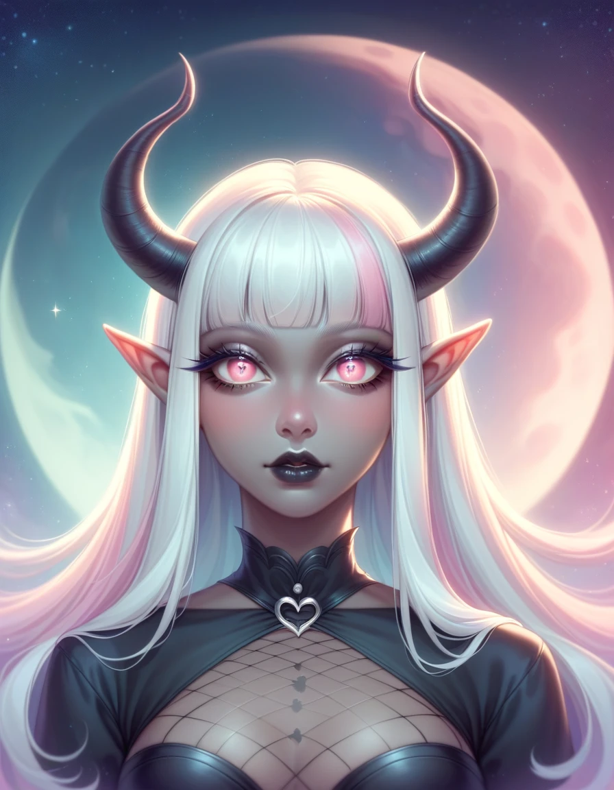 ((Masterpiece)), ((highres)), ((1person)), Random poses, beautifully detailed succubus girl, ((pastel moon background)), long white hair, defined elf ears with ear guages, defined eyes, pastel iris, long eye lashes, defined nose, black lipstick, (((Black skin))), black demon horns, breasts, night sky, (((pastel gothic style))), gothic style art, gothic asthetic
