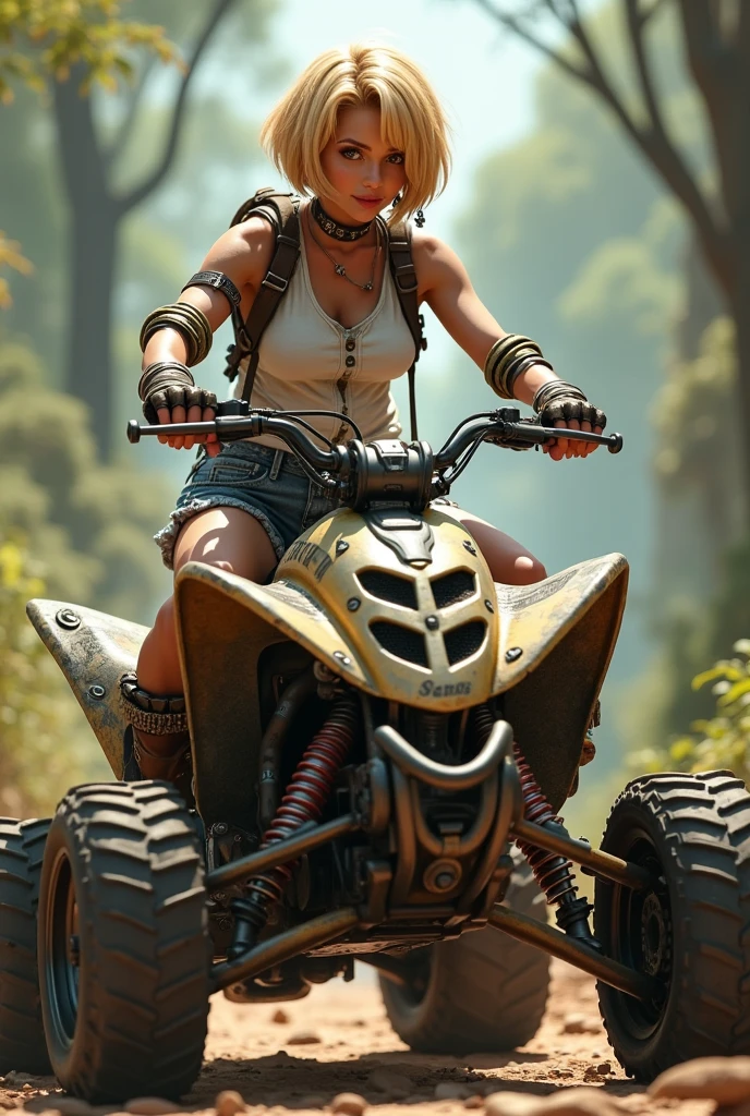 ((((masterpiece)))), High target quality, Very_High target_Resolve , Large target_File size, Full Color,  steampunk featuring a future planet,, In the distant forest, A bustling exotic market, and a mountain bike.  The protagonist is an amazing，The upper body is female，1 person，blond，Short hair，Bob，Silver smile, Mechanized weapons.  wearing a white vest,  distressed denim shorts  , Engineering boots, Riding an ATV.  beauty,