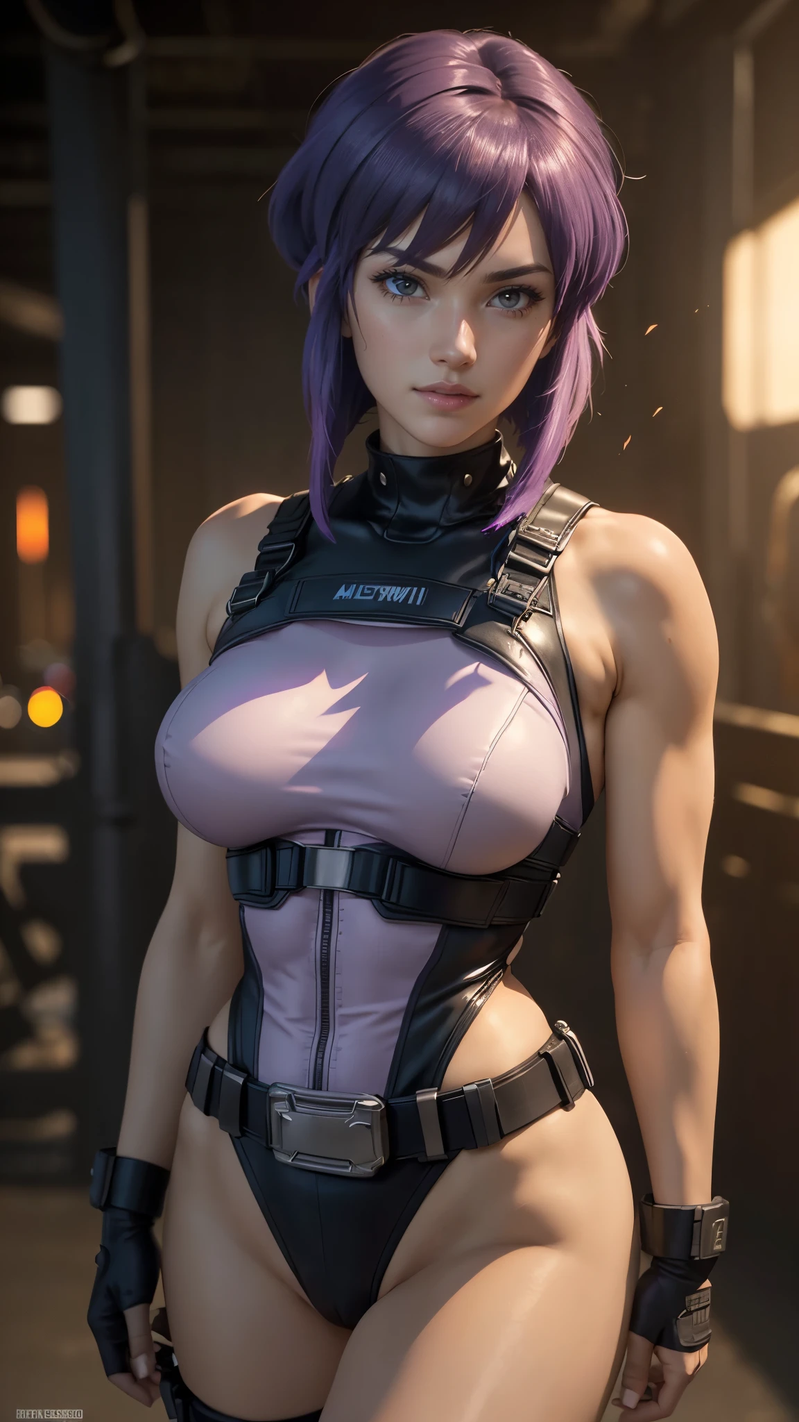 Motoko kusanagi da ghost in the shell,(best quality, 4K,8k,high resolution,work of art:1.2)(weather: sunset, windy), chemical facility background, warehouse ruins, wide hips, short straight hair, purple hair, freckles, crop leather jacket, white sleeveless leotard, white belt, tight leggings, combat boots, fingerless gloves, harness, combat gear, light makeup, dark eyeshadow, blush, flirting pose, glowing eyes, ultra detailed,portrait,realistic,beautiful detailed red eyes, beautiful detailed lips,extremely detailed eye and face, long eyelashes,average, large breasts,flying hair,beaming smile, flirty smile, powerful girl, bright coloured, dramatic lighting, smoke,