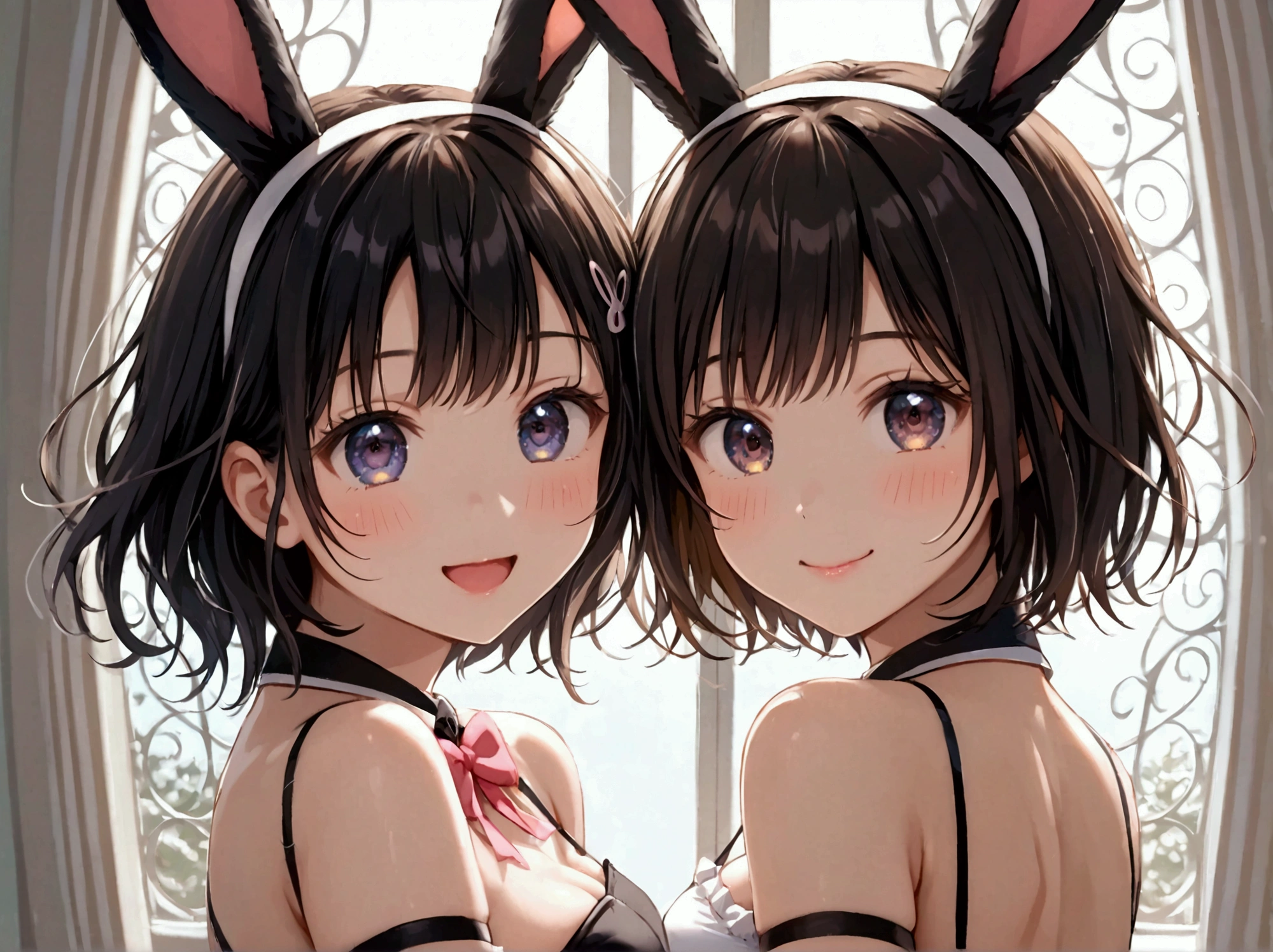 Best Quality,  super high definition　tights　Two black bunny girls hugging each other 　, cute with a low angle where you can clearly see your whole body from the front,  Detailed Beautiful Face , ( high resolution detail of human skin texture), ( short hair), break,　 happy expression　Beautiful eyes　The image quality of the eyes is high 　 velochew　Trance