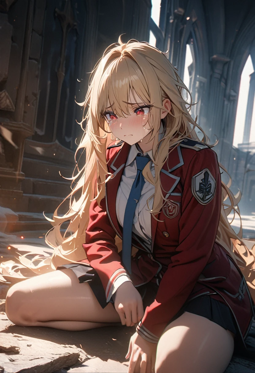 (Alone), Blonde, bangs, Mane hair ,  long hair in the castle, messy hair , Scattering,  black scar on face ,  facial scar expressive hair, sad face, mature,(25 years old),  red eyes, ((female)), beautiful 소녀, blue tie , beautiful, Eye Reflections , Depth , masterpiece, 8k,  ultra high definition, High quality 상세정보,  top quality,  high res, High quality, Ultra Detailed , masterpiece, 8k,  animation coloring, White ,  short skirt, Magic School, Body shot , Sitting crouched,  crying