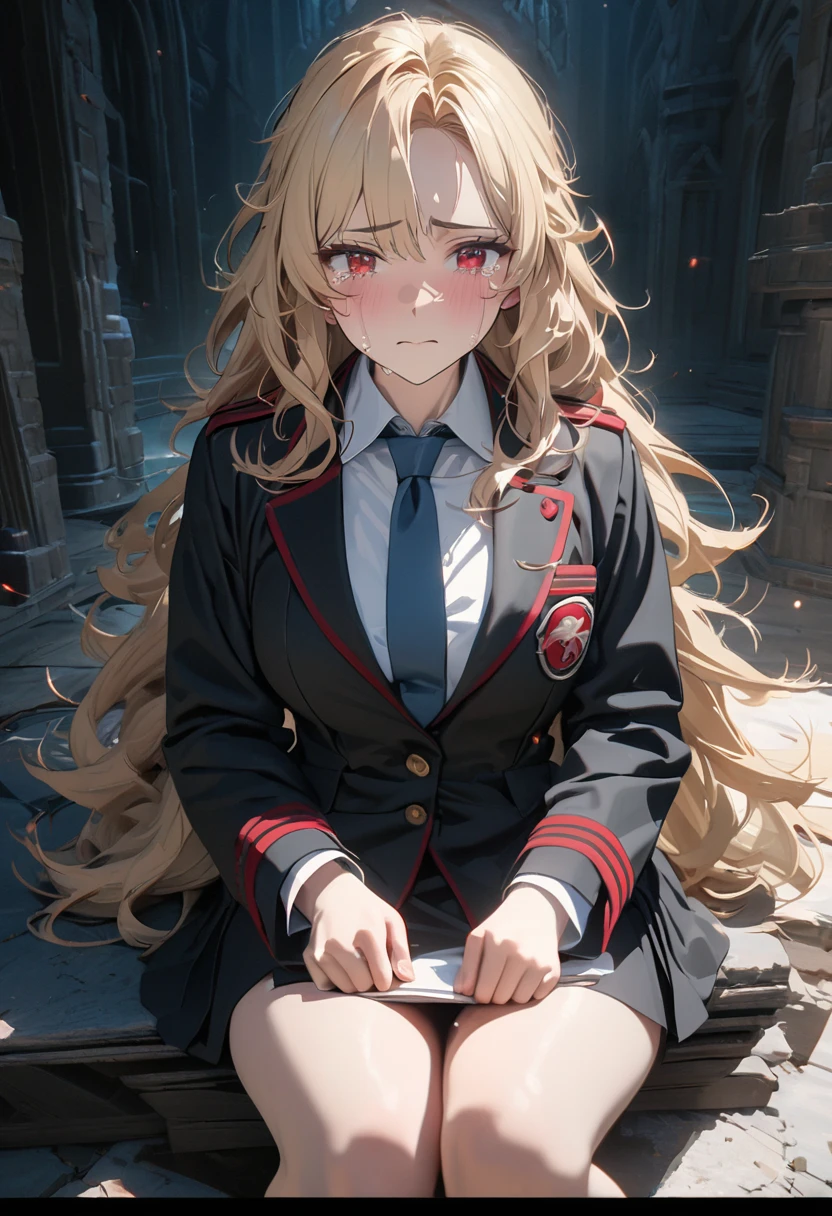 (Alone), Blonde, bangs, Mane hair ,  long hair in the castle, messy hair , Scattering,  black scar on face ,  facial scar expressive hair, sad face, mature,(25 years old),  red eyes, ((female)), beautiful 소녀, blue tie , beautiful, Eye Reflections , Depth , masterpiece, 8k,  ultra high definition, High quality 상세정보,  top quality,  high res, High quality, Ultra Detailed , masterpiece, 8k,  animation coloring, White ,  short skirt, Magic School, Body shot , Sitting crouched,  crying