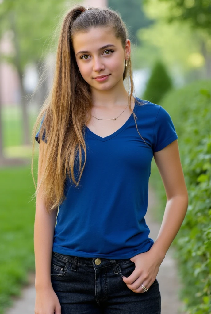 ultrarealistic high quality full body photo of a beautiful busty slim european 18-year-old woman with cute hyperdetailed shy face and natural blonde straight long ponytail and shy smile , realistic round hazel eyes, natural lips, dark eye makeup with eyeliner, wearing blue t-shirt and black denim pants, hourglass body, outdoor photography, tanned, nsfw