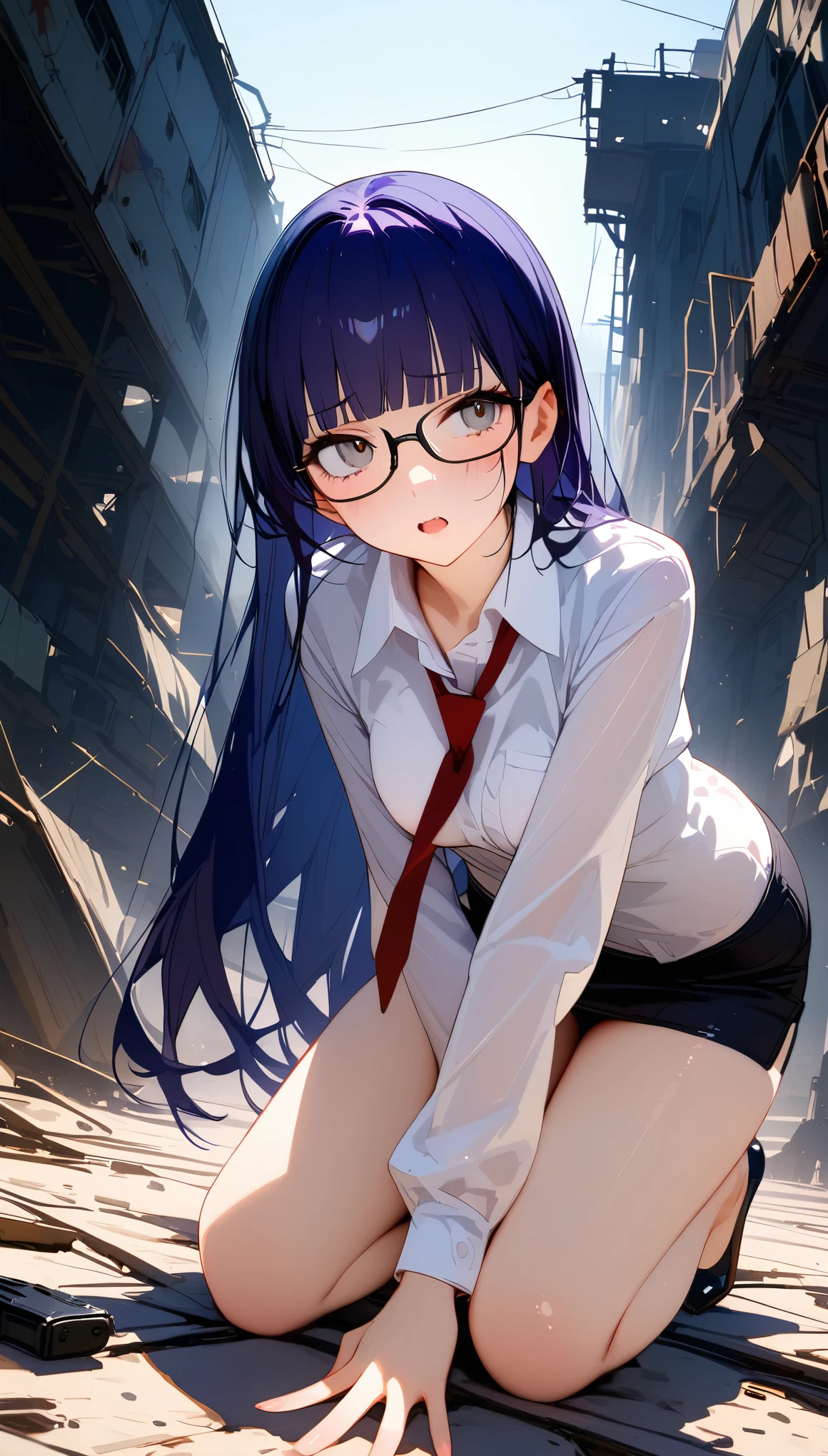 (highest quality,8k, 4K,masterpiece:1.2,Best aesthetic s)),night、Abandoned Factory、Tokyo、cowboy shot,1woman,(adult),straight long hair,dark blue hair, (very small head:1.2),blunt bangs,(gorgeous eyes),gray eyes,(Black-rimmed glasses),Pain,(ideal ratio body proportions:1.2),medium breasts,((collared white shirt:1.3, Long Sleeve )), red tie holding a handgun、(tight fitting black miniskirt),skinny,toned body,Injury:1.2,shiny skin,(Holding a handgun:1.2,kneeling),Black pumps、