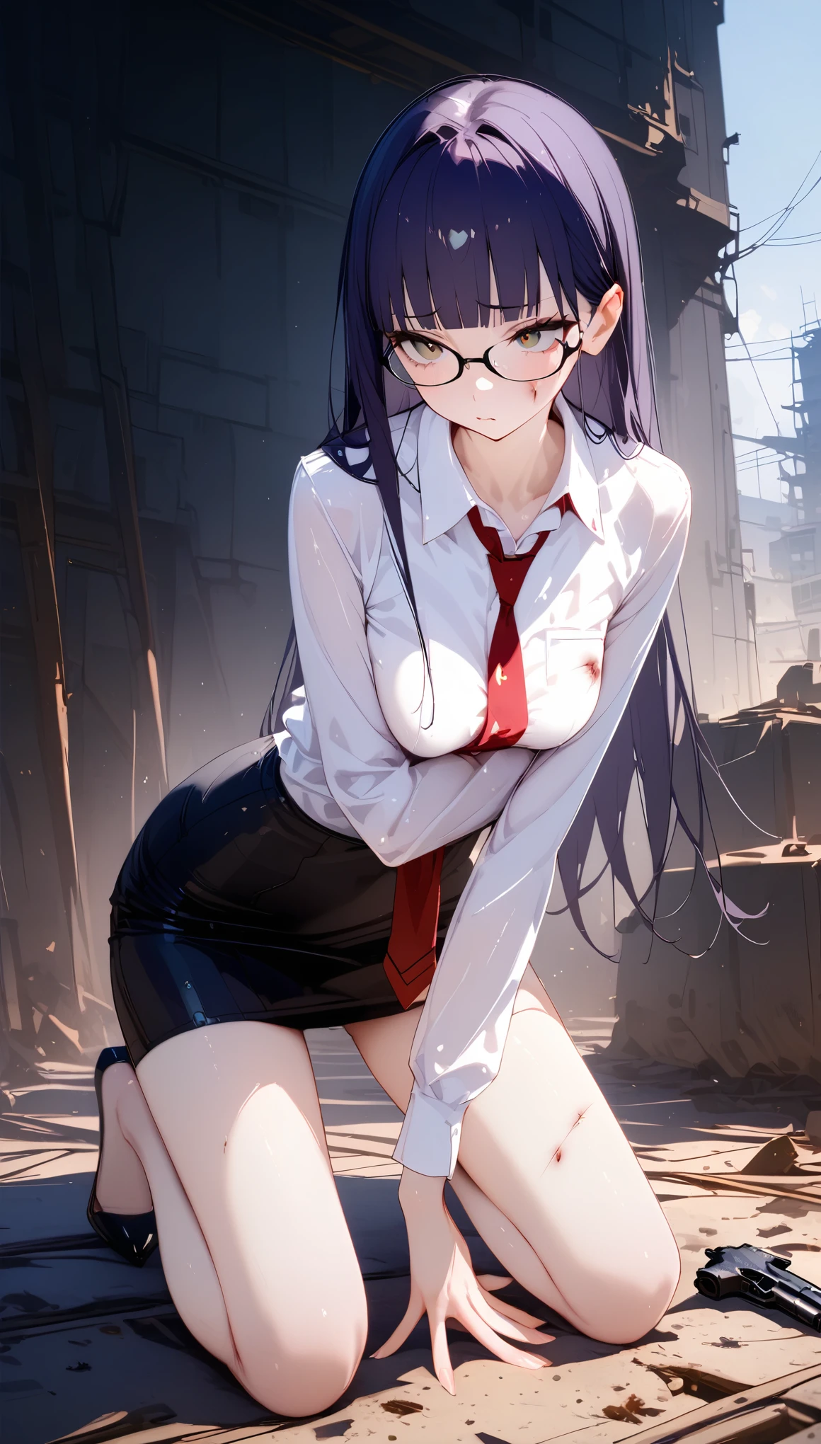 (highest quality,8k, 4K,masterpiece:1.2,Best aesthetic s)),night、Abandoned Factory、Tokyo、cowboy shot,1woman,(adult),straight long hair,dark blue hair, (very small head:1.2),blunt bangs,(gorgeous eyes),gray eyes,(Black-rimmed glasses),Pain,(ideal ratio body proportions:1.2),medium breasts,((collared white shirt:1.3, Long Sleeve )), red tie holding a handgun、(tight fitting black miniskirt),skinny,toned body,Injury:1.2,shiny skin,(Holding a handgun:1.2,kneeling),Black pumps、