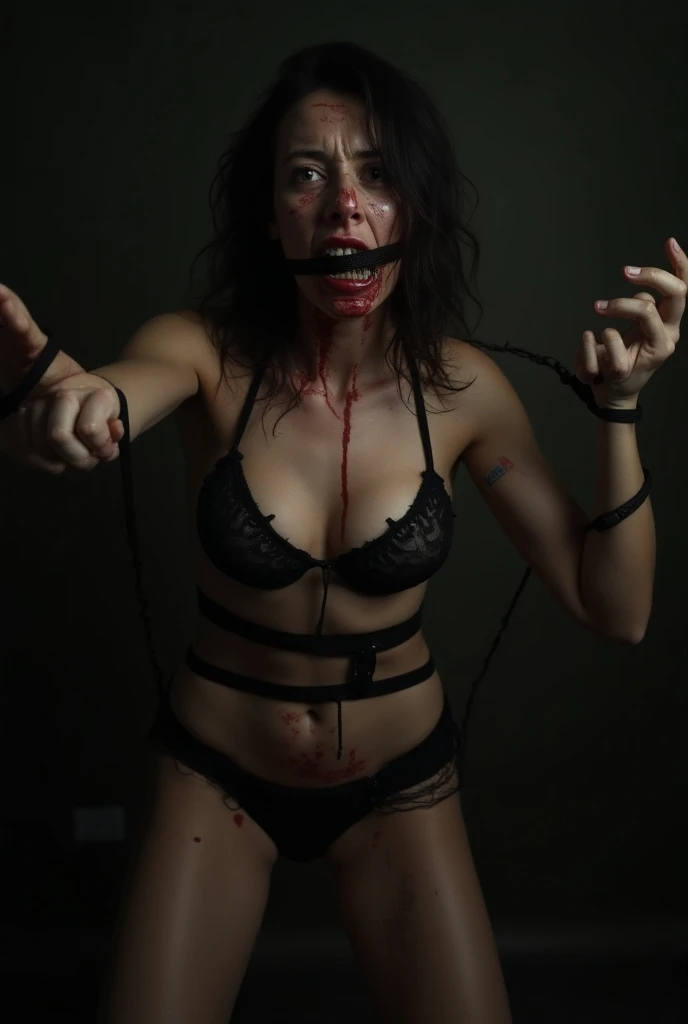 arms behind head, long_hair, looking_at_viewer, thighhighs, bow, bound, bdsm, bondage, rope, restrained, gag, shibari, bound_arms, ball_gag, shibari_over_clothes (Camila Cabello, bdsm, bondage, drool dripping, drool dangling,) cleavage, 8k, drool all over chest, drooling, realistic, dripping wet, medium breasts, drool all over face, corset, perfect body, smooth skin, pleading eyes, lots of drool, sweating, saliva on face, exact likeness, 