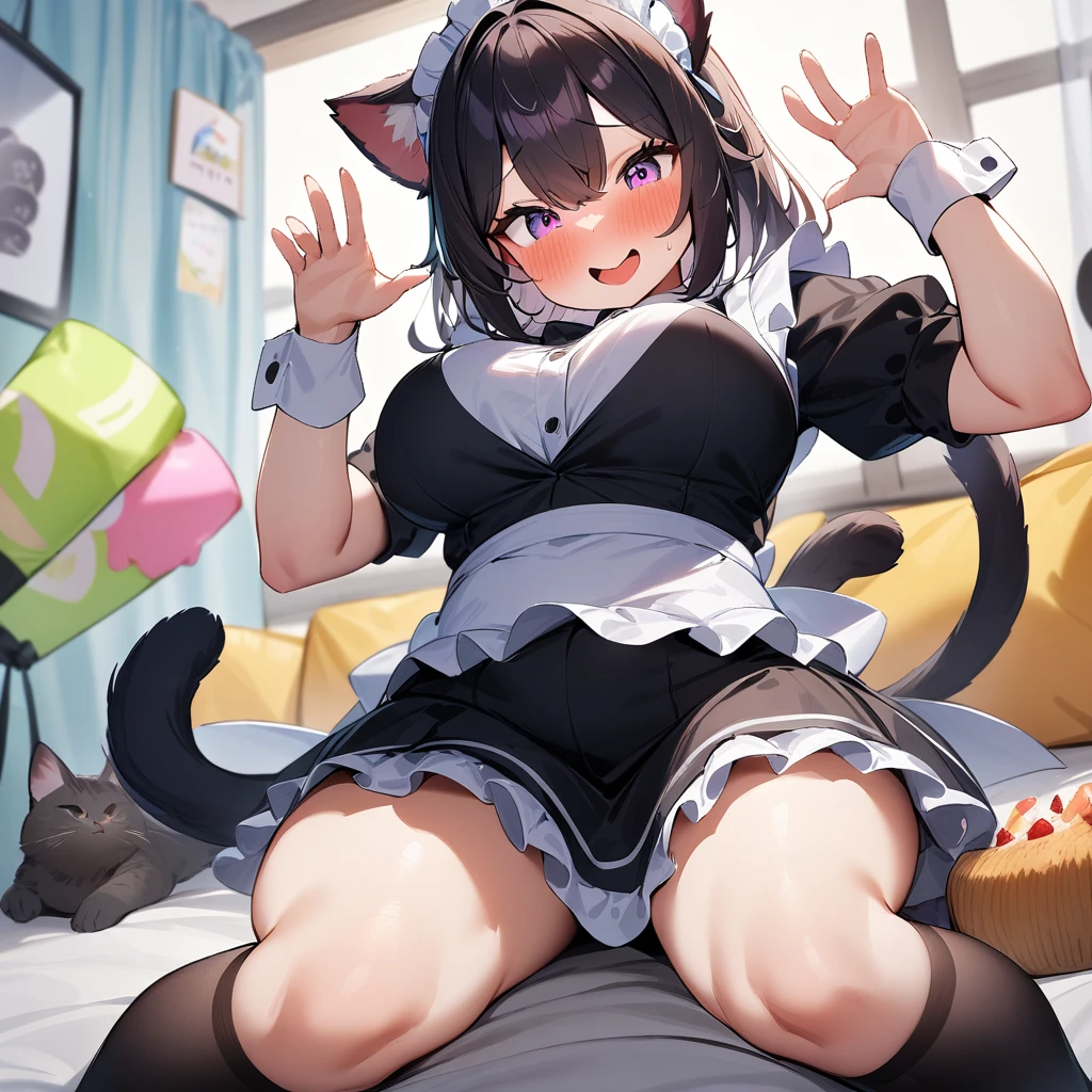 Black neko woman, wearing a black maid outfit with bows and decorations, has black hair with long messy fuzzy pink bows, has dark red eyes, has a large chest, has neko ears and a neko tail.