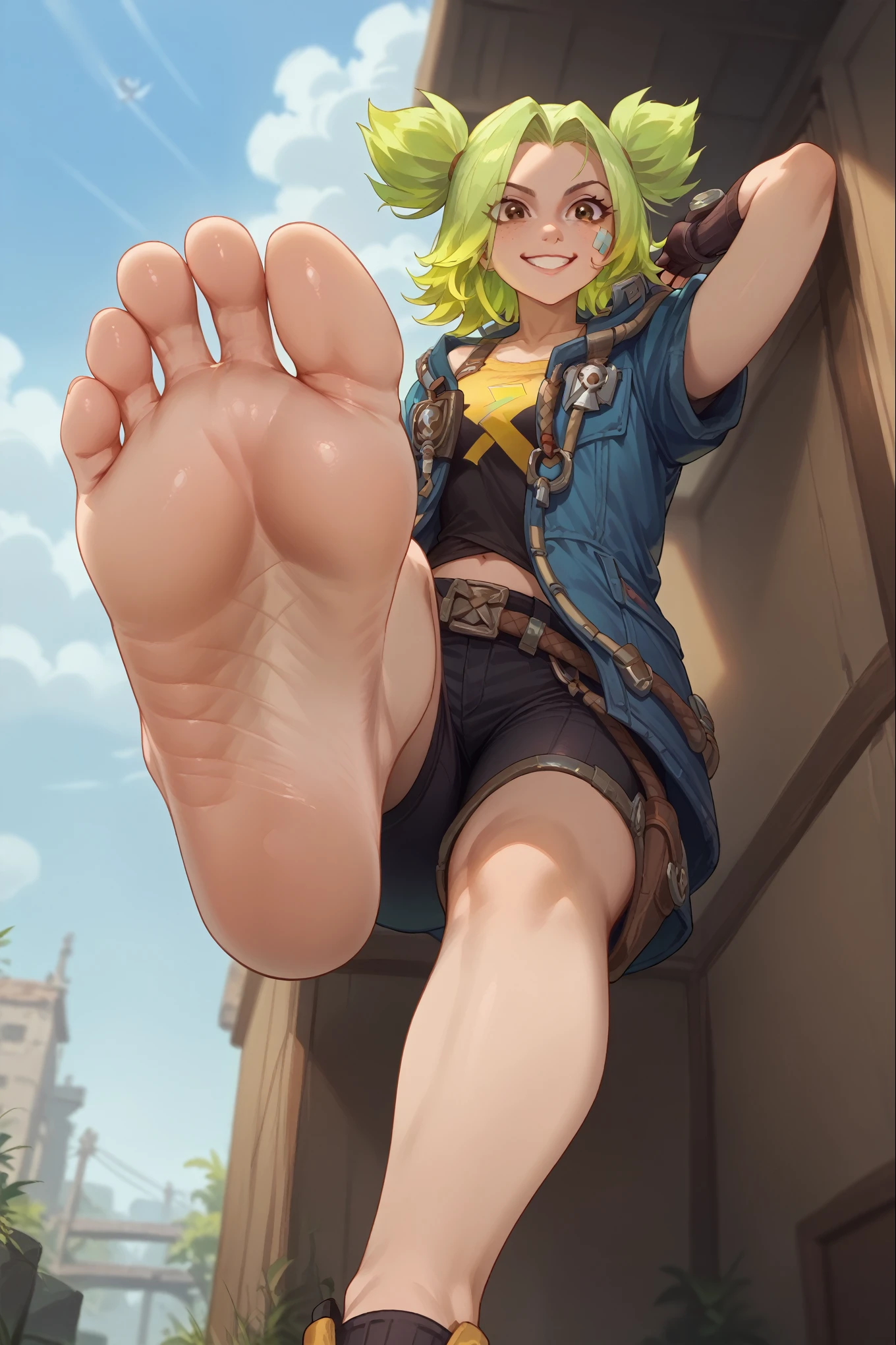 masterpiece, best quality, ZeriLoLXL, brown eyes, green hair, twintails, sidelocks, freckles, bandaid on face, medium breasts, blue jacket, open jacket, yellow midriff, gloves, fingerless gloves, black pants, belt, knee pads, smile, barefoot, footstomp, soles, toes, foreshortening, view from below, indoors, five toes