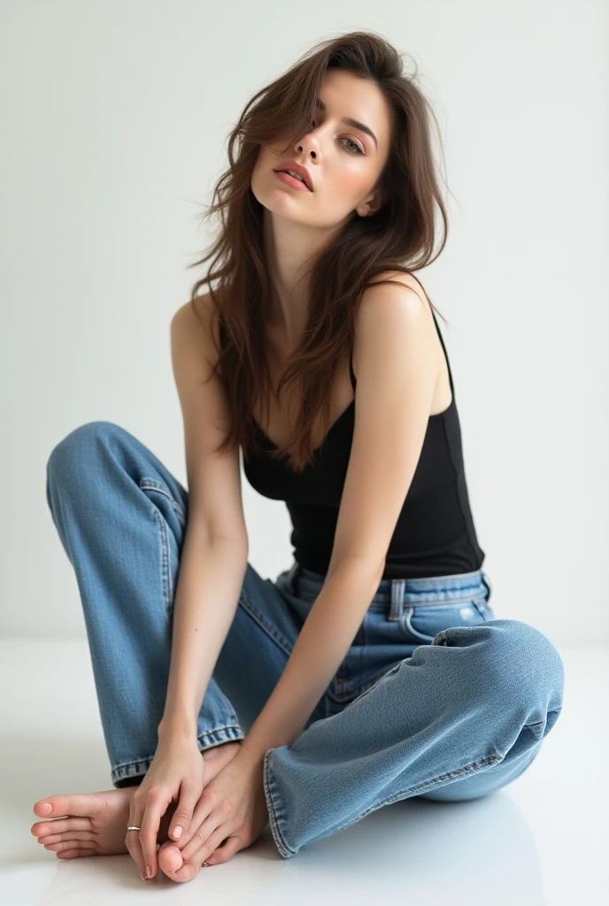 Woman in jeans kneeling on the floor touching the floor front view
