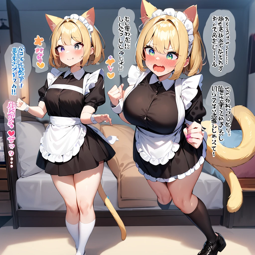 Score_9, score_8_up, score_7_up, rating:explicit, (5girls), detailed eyes, idol, vtuber, multicolored hair, looking at viewer, blush, multiple girls, hairpin, hair ornament, hairclip, cat ears, maid headdress, neck bell, bow, maid apron, covered nipple, areola slip, white gloves, elbow gloves, garter straps, white thighhighs, dripping down miniskirt, fril, cleavage, simple background, breast press, take your pick, hands on breast, yamaori_style