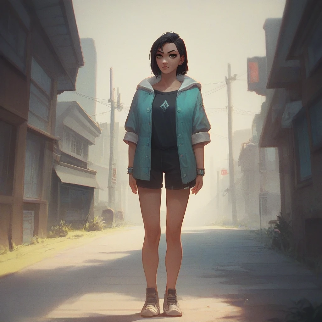 pose . She should be depicted with dazzling light, light coming from her , elements visualizing the shadows around her . her outfit is drawn in detail , ability including unique , dark-colored clothes , that emphasize her connection to shadows . The background must be mystical and mysterious , with a slight hint of Valorant's urban environment .