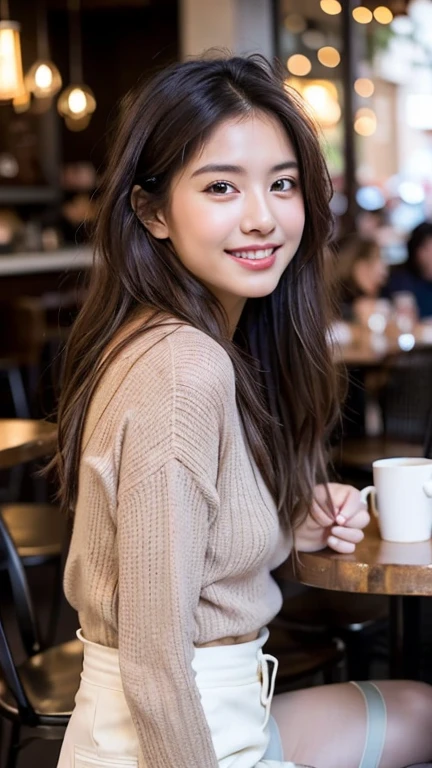 A beautiful young woman with long reddish-brown hair smiles warmly while sitting in a cozy modern cafe. She is dressed in a delicate white lace top, exuding a relaxed yet stylish vibe. The cafe background features soft lighting, a coffee machine, and cups arranged neatly, creating a warm and inviting atmosphere. The setting suggests a peaceful and intimate moment, with a casual and friendly ambiance. The woman’s outfit with transparent lavender pantyhose, posture are elegant yet casual, enhancing the overall aesthetic of a trendy urban cafe scene. Realism, Photorealistic, masterpiece, 8k