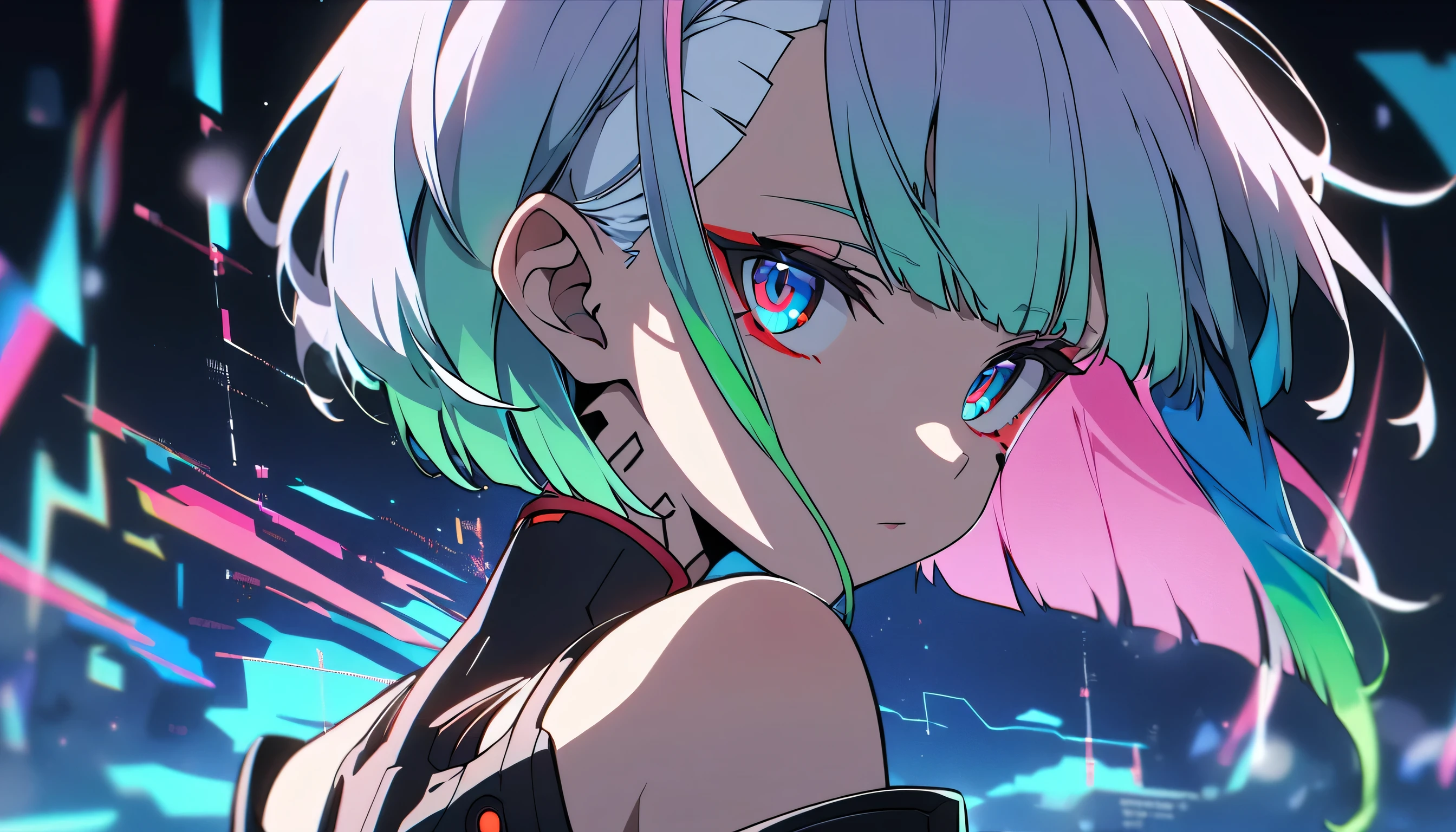 1girl, solo, lucy \(cyberpunk\), cyberpunk \(series\), asymmetrical hair, short hair, blue hair, green hair, pink hair, multicolored hair, blue eyes, eyeliner, eyeshadow, makeup, bare shoulders, portrait, looking at viewer, cyberpunk, hlpr, futuristic, hologram, glitch, holographic face, ui, interface, nodes, particles, depth of field, bokeh, masterpiece, best quality, very aesthetic, absurdres,