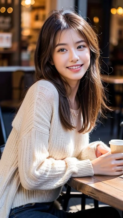 A beautiful young woman with long reddish-brown hair smiles warmly while sitting in a cozy modern cafe. She is dressed in a delicate white lace top, exuding a relaxed yet stylish vibe. The cafe background features soft lighting, a coffee machine, and cups arranged neatly, creating a warm and inviting atmosphere. The setting suggests a peaceful and intimate moment, with a casual and friendly ambiance. The woman’s outfit with transparent lavender pantyhose, posture are elegant yet casual, enhancing the overall aesthetic of a trendy urban cafe scene. Realism, Photorealistic, masterpiece, 8k