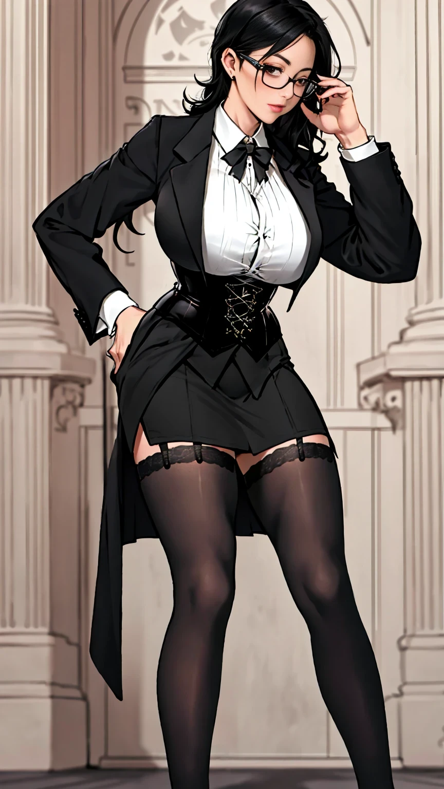 Best quality, Masterpiece, Debauchery secretary, Wearing glasses, Big tight, breast enhancement, Wear corsets and stockings, Ultra High Resolution ,Detailed background,woman,A MILF,mature,breast enhancement,Long black hair,