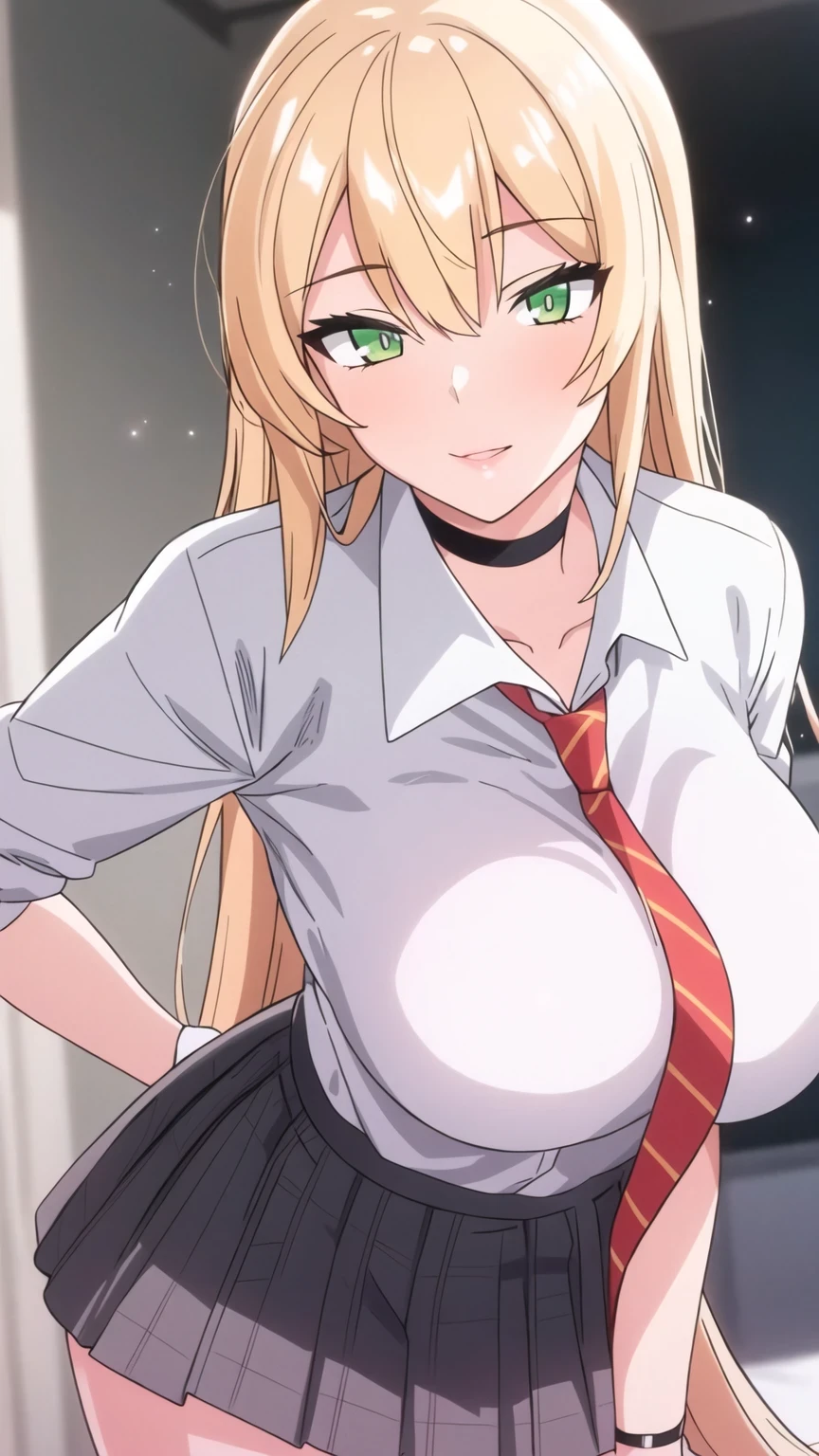 school_uniform,white shirt,collared shirt, Grey_pleated_skirt,orange necktie, red necktie,
jewelry,collarbone,choker,
blonde hair, Green eyes,long hair,
1 girl, 20yo,Young female,Beautiful Finger,Beautiful long legs,Beautiful body,Beautiful Nose,Beautiful character design, perfect eyes, perfect face,expressive eyes, looking at viewer, in the center of the image,(light_smile:0.5), official art,extremely detailed CG unity 8k wallpaper, perfect lighting,Colorful, Bright_Front_face_Lighting,shiny skin, (masterpiece:1.0),(best_quality:1.0), ultra high res,4K,ultra-detailed, photography, 8K, HDR, highres, absurdres:1.2, Kodak portra 400, film grain, blurry background, bokeh:1.2, lens flare, (vibrant_color:1.2) (Beautiful,large_Breasts:1.0), (beautiful_face:1.5),(narrow_waist)