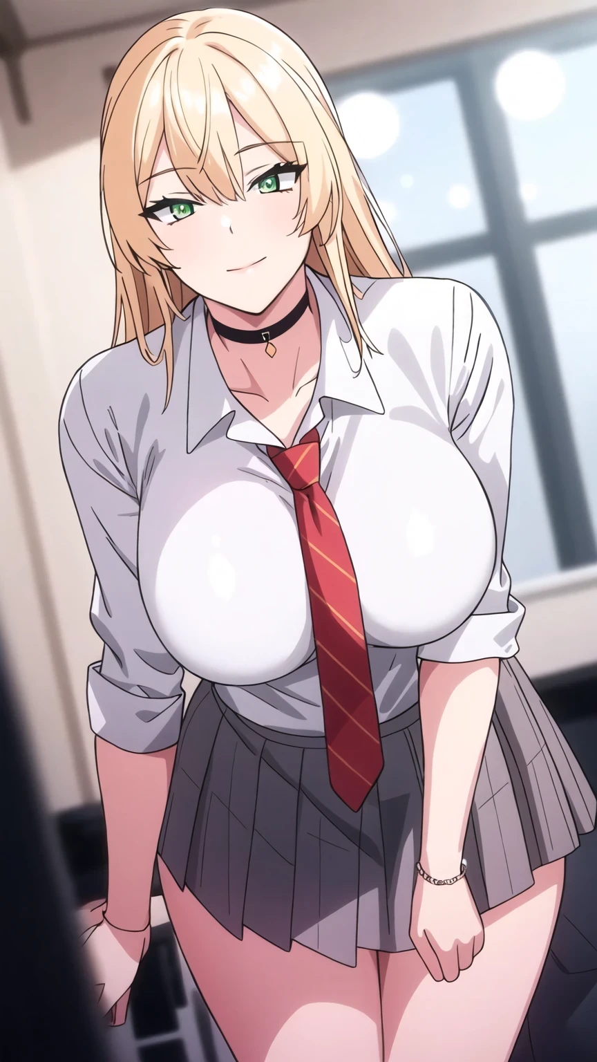 school_uniform,white shirt,collared shirt, Grey_pleated_skirt,orange necktie, red necktie,
jewelry,collarbone,choker,
blonde hair, Green eyes,long hair,
1 girl, 20yo,Young female,Beautiful Finger,Beautiful long legs,Beautiful body,Beautiful Nose,Beautiful character design, perfect eyes, perfect face,expressive eyes, looking at viewer, in the center of the image,(light_smile:0.5), official art,extremely detailed CG unity 8k wallpaper, perfect lighting,Colorful, Bright_Front_face_Lighting,shiny skin, (masterpiece:1.0),(best_quality:1.0), ultra high res,4K,ultra-detailed, photography, 8K, HDR, highres, absurdres:1.2, Kodak portra 400, film grain, blurry background, bokeh:1.2, lens flare, (vibrant_color:1.2) (Beautiful,large_Breasts:1.0), (beautiful_face:1.5),(narrow_waist)