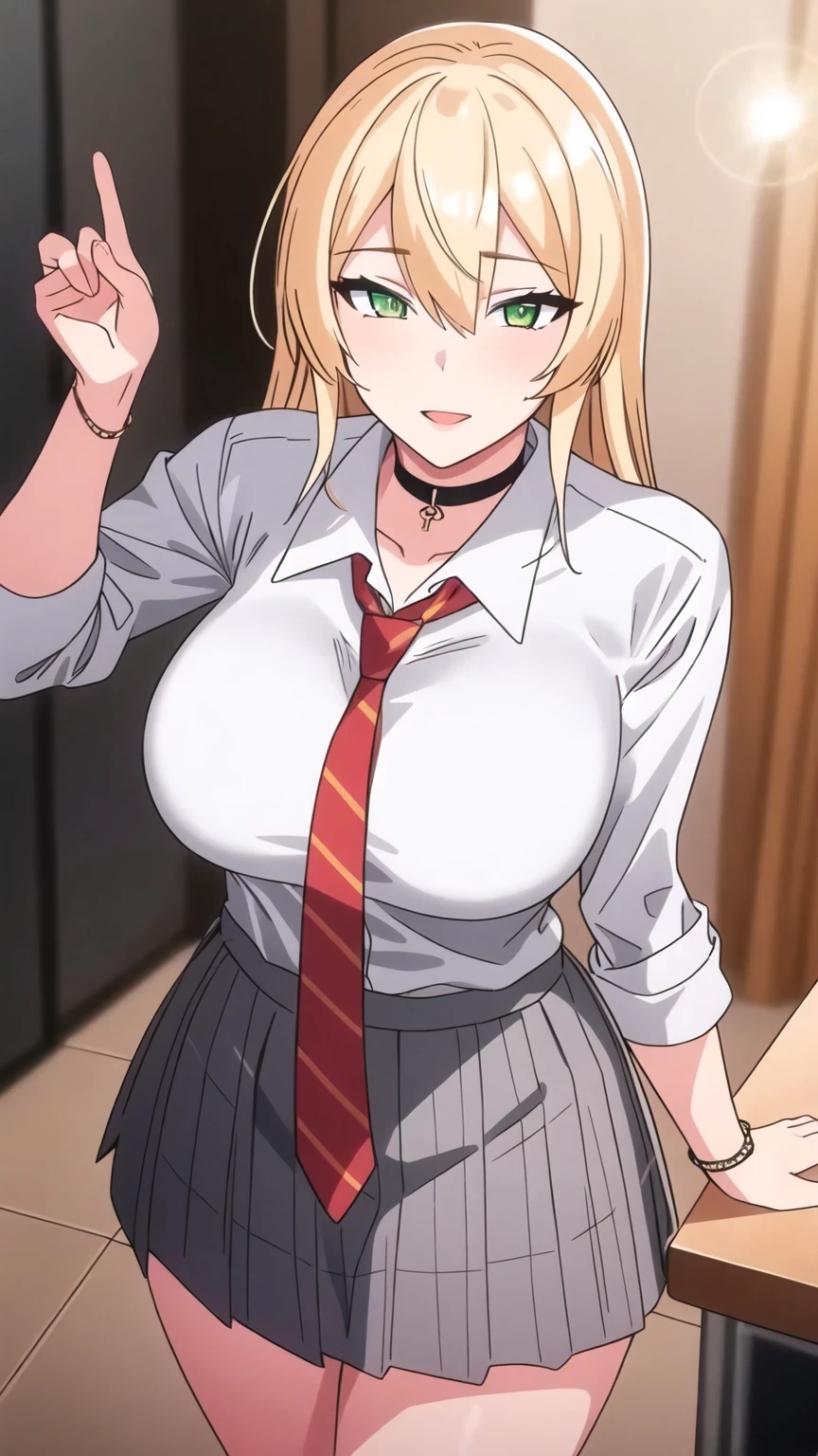 school_uniform,white shirt,collared shirt, Grey_pleated_skirt,orange necktie, red necktie,
jewelry,collarbone,choker,
blonde hair, Green eyes,long hair,
1 girl, 20yo,Young female,Beautiful Finger,Beautiful long legs,Beautiful body,Beautiful Nose,Beautiful character design, perfect eyes, perfect face,expressive eyes, looking at viewer, in the center of the image,(light_smile:0.5), official art,extremely detailed CG unity 8k wallpaper, perfect lighting,Colorful, Bright_Front_face_Lighting,shiny skin, (masterpiece:1.0),(best_quality:1.0), ultra high res,4K,ultra-detailed, photography, 8K, HDR, highres, absurdres:1.2, Kodak portra 400, film grain, blurry background, bokeh:1.2, lens flare, (vibrant_color:1.2) (Beautiful,large_Breasts:1.0), (beautiful_face:1.5),(narrow_waist)