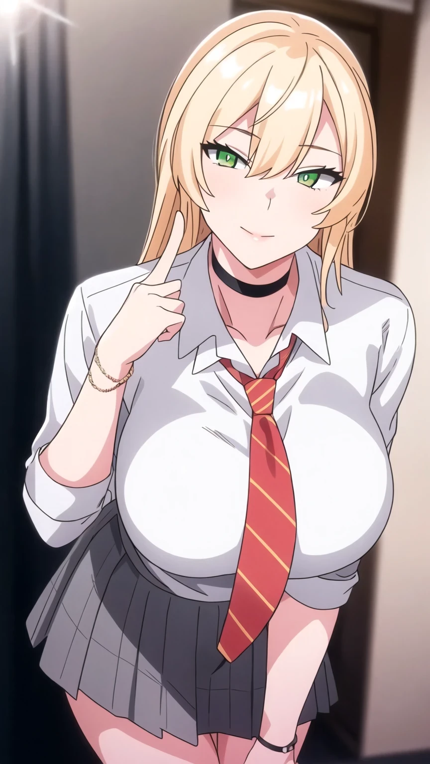 school_uniform,white shirt,collared shirt, Grey_pleated_skirt,orange necktie, red necktie,
jewelry,collarbone,choker,
blonde hair, Green eyes,long hair,
1 girl, 20yo,Young female,Beautiful Finger,Beautiful long legs,Beautiful body,Beautiful Nose,Beautiful character design, perfect eyes, perfect face,expressive eyes, looking at viewer, in the center of the image,(light_smile:0.5), official art,extremely detailed CG unity 8k wallpaper, perfect lighting,Colorful, Bright_Front_face_Lighting,shiny skin, (masterpiece:1.0),(best_quality:1.0), ultra high res,4K,ultra-detailed, photography, 8K, HDR, highres, absurdres:1.2, Kodak portra 400, film grain, blurry background, bokeh:1.2, lens flare, (vibrant_color:1.2) (Beautiful,large_Breasts:1.0), (beautiful_face:1.5),(narrow_waist)