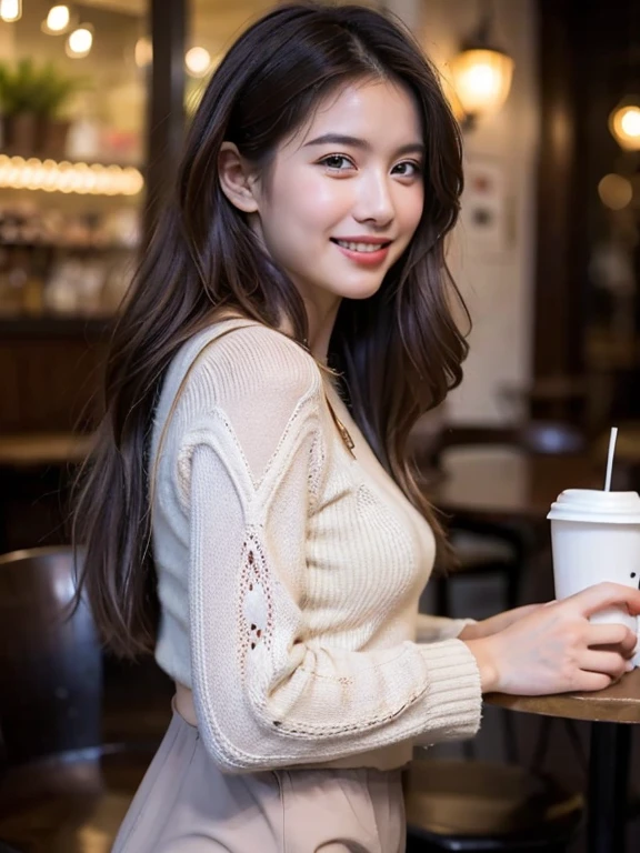 A beautiful young woman with long reddish-brown hair smiles warmly while sitting in a cozy modern cafe. She is dressed in a delicate white lace top, exuding a relaxed yet stylish vibe. The cafe background features soft lighting, a coffee machine, and cups arranged neatly, creating a warm and inviting atmosphere. The setting suggests a peaceful and intimate moment, with a casual and friendly ambiance. The woman’s outfit with transparent lavender pantyhose, posture are elegant yet casual, enhancing the overall aesthetic of a trendy urban cafe scene. Realism, Photorealistic, masterpiece, 8k