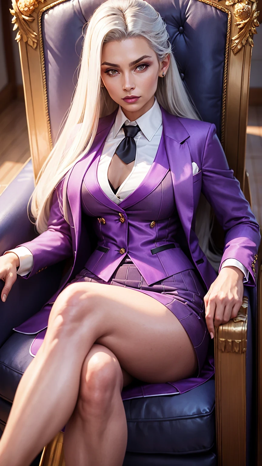 1 woman, SFW, perfect lighting, seios grandes,
gray hair
Sindel's Hair
long hair pulled back
Long, straight hair back
multicolored hair,
Sindel, 8k, perfect hands,((obra-prima)), purple skirt suit, satin suit and tie, (((three-piece suit))), silk dress shirt, shirt and tie, silk floral necktie, ((floral blazer)), ((suit jacket)), open jacket, ((waistcoat)), bodycon miniskirt, tights, pocket square, tie clip, | |
microvestido, MILF, sitting on throne, queen, empress, crossed legs, high class, sneer, disgust