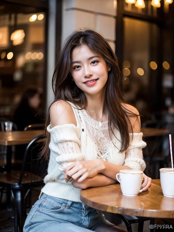 A beautiful young woman with long reddish-brown hair smiles warmly while sitting in a cozy modern cafe. She is dressed in a delicate white lace top, exuding a relaxed yet stylish vibe. The cafe background features soft lighting, a coffee machine, and cups arranged neatly, creating a warm and inviting atmosphere. The setting suggests a peaceful and intimate moment, with a casual and friendly ambiance. The woman’s outfit with transparent lavender pantyhose, posture are elegant yet casual, enhancing the overall aesthetic of a trendy urban cafe scene. Realism, Photorealistic, masterpiece, 8k