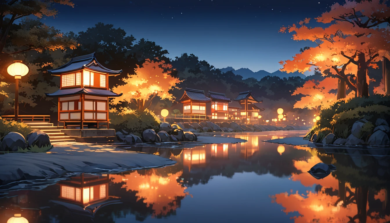 Quiet River, Night lanterns ,  moonlight, soft water reflection ,  warm orange light, Japanese style landscape